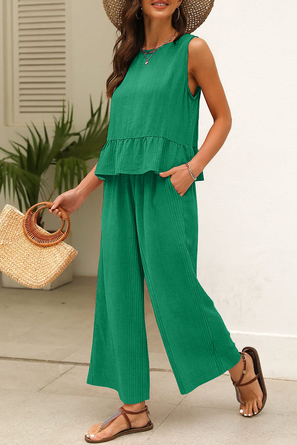 Solid Color Ribbed Ruffle Tank Top & Trousers Co-ord Set Green 95%Polyester+5%Elastane