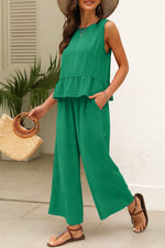 Solid Color Ribbed Ruffle Tank Top & Trousers Co-ord Set Green 95%Polyester+5%Elastane