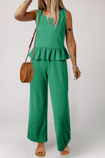 Solid Color Ribbed Ruffle Tank Top & Trousers Co-ord Set