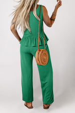 Solid Color Ribbed Ruffle Tank Top & Trousers Co-ord Set