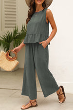 Solid Color Ribbed Ruffle Tank Top & Trousers Co-ord Set Duffel Green 95%Polyester+5%Elastane