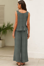 Solid Color Ribbed Ruffle Tank Top & Trousers Co-ord Set