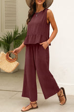 Solid Color Ribbed Ruffle Tank Top & Trousers Co-ord Set Red Dahlia 95%Polyester+5%Elastane