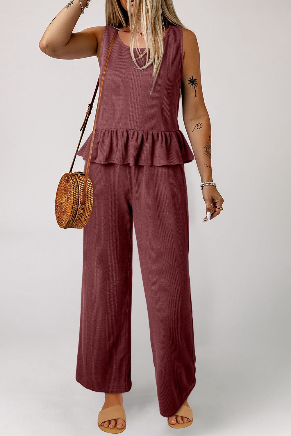 Solid Color Ribbed Ruffle Tank Top & Trousers Co-ord Set