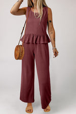 Solid Color Ribbed Ruffle Tank Top & Trousers Co-ord Set