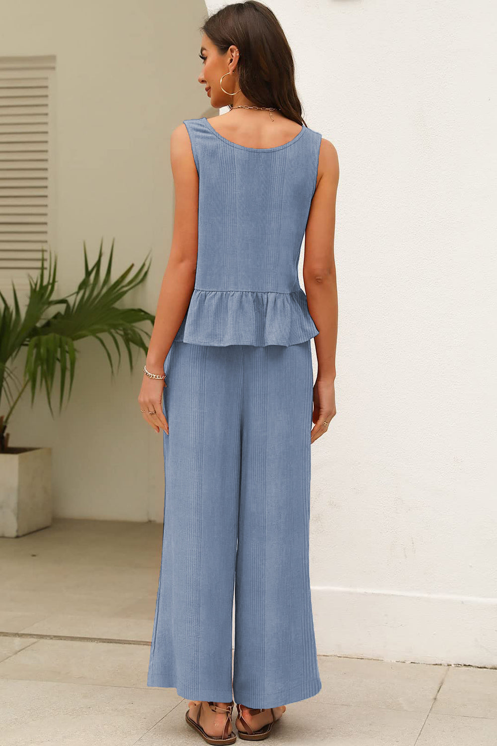 Solid Color Ribbed Ruffle Tank Top & Trousers Co-ord Set