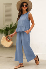 Solid Color Ribbed Ruffle Tank Top & Trousers Co-ord Set