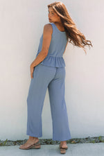 Solid Color Ribbed Ruffle Tank Top & Trousers Co-ord Set