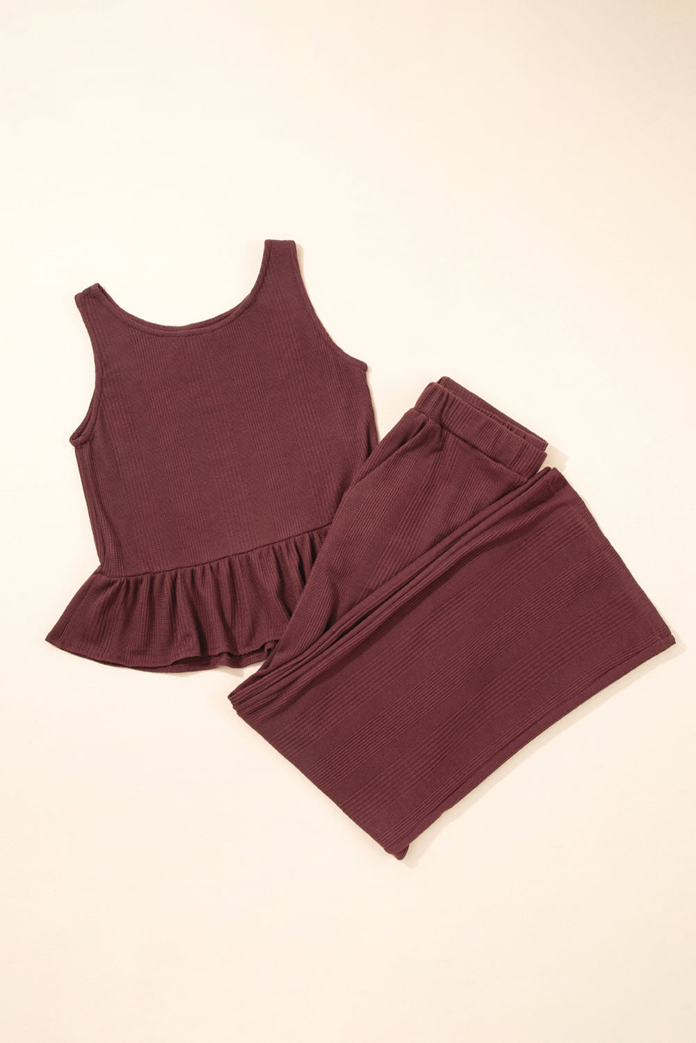 Solid Color Ribbed Ruffle Tank Top & Trousers Co-ord Set