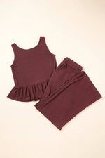 Solid Color Ribbed Ruffle Tank Top & Trousers Co-ord Set