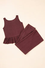 Solid Color Ribbed Ruffle Tank Top & Trousers Co-ord Set