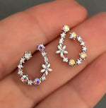 Spring Earrings with Pink and Blue stones - U shaped White Silver