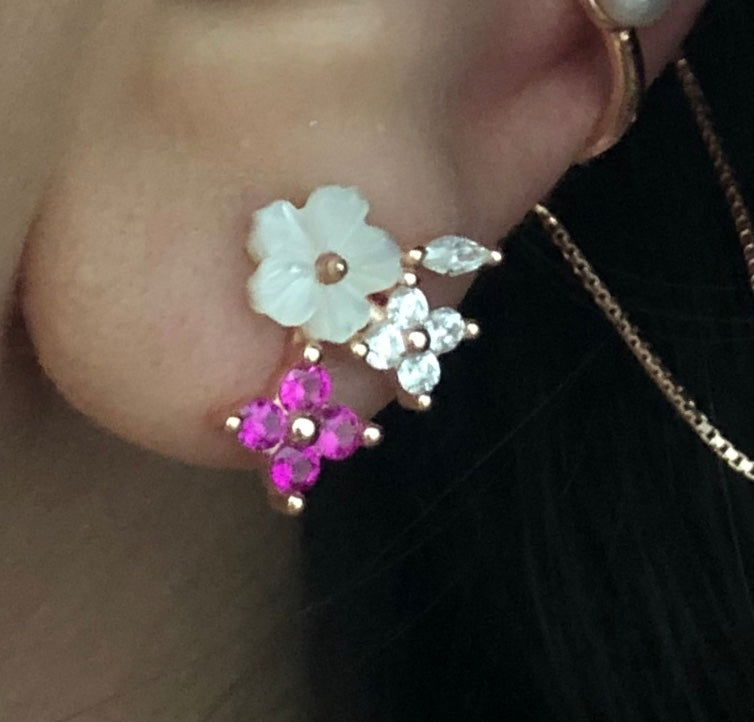 Stud Earrings with Spring Flowers NO 13 White and pink Rose Gold Plated Silver