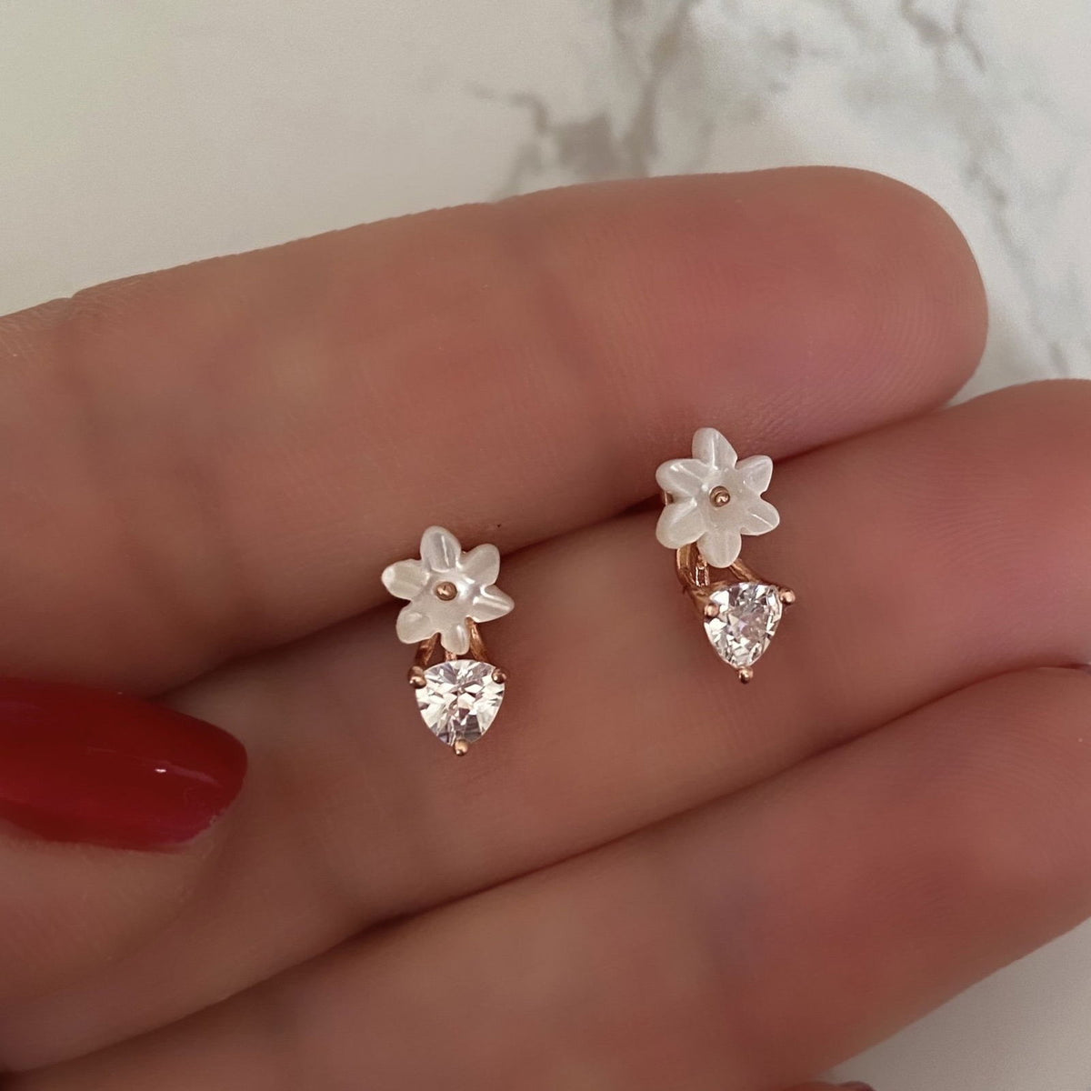 Stud Earrings with Spring Flowers NO 4 White Rose Gold Plated Silver