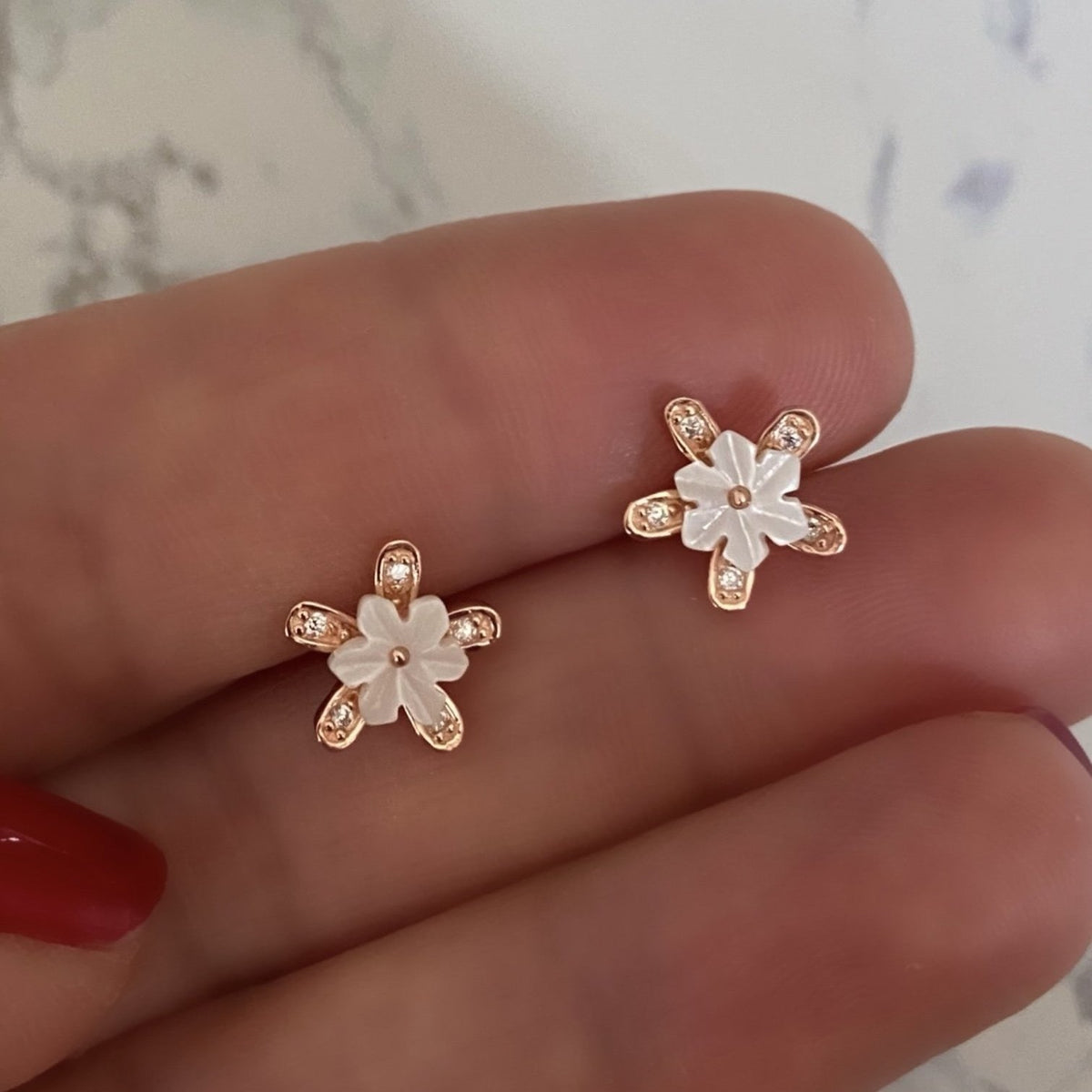 Stud Earrings with Spring Flowers NO 9 White Rose Gold Plated Silver
