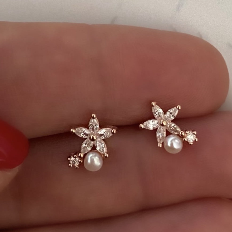 Stud Earrings with Spring Flowers NO 12 White Rose Gold Plated Silver