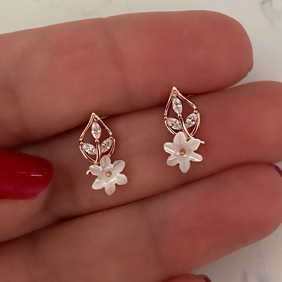 Stud Earrings with Spring Flowers NO 16 White Rose Gold Plated Silver