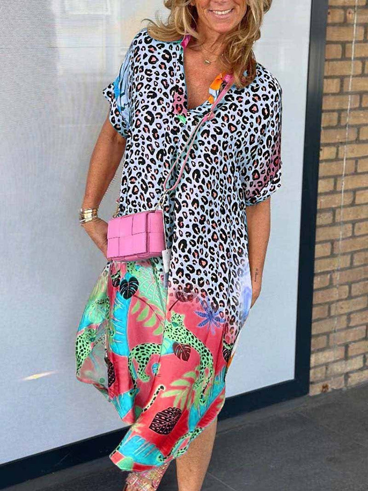 Summer Fashion Women's Semi-Open Collar Print Loose Dress Blue