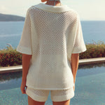 V-neck Casual Beachwear Summer Hollow Short Sleeve Shorts & Top Co-ord Set
