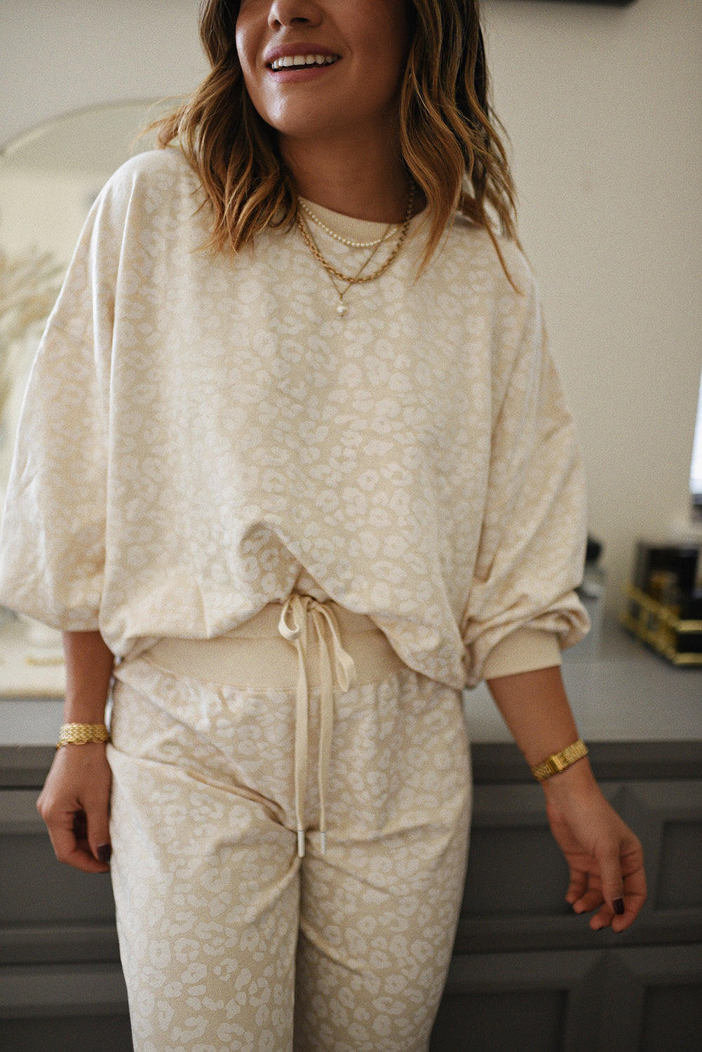 White Cheetah Print Two Piece Loose Fit Cosy Loungewear Set