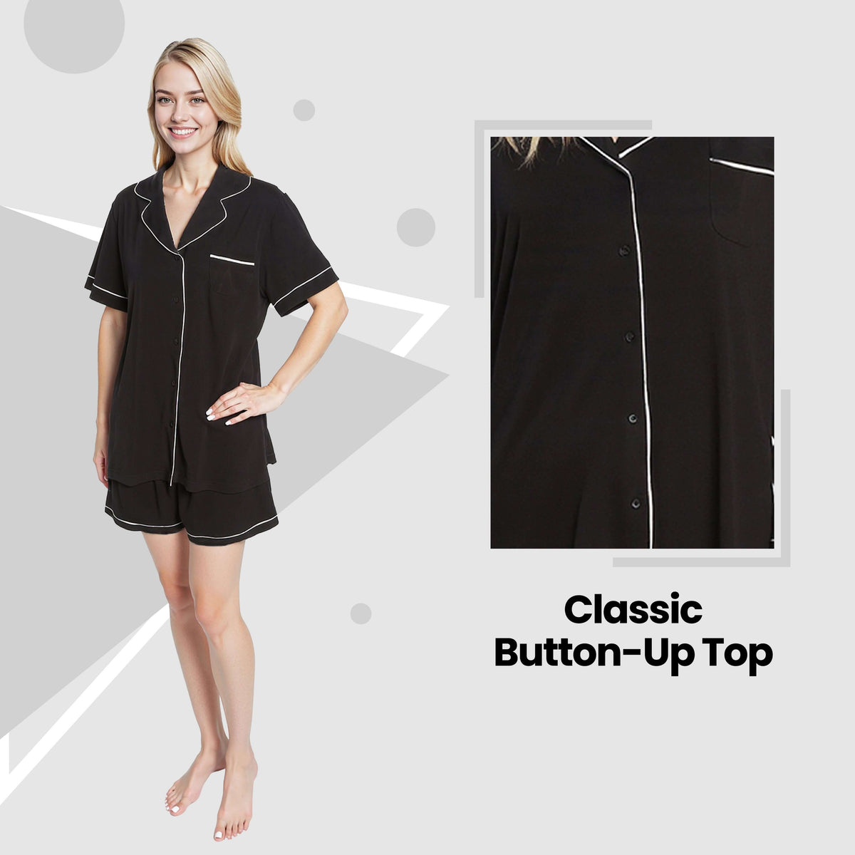 Daisy Dreamer Black Short Pyjama Set - Soft Button-Up Top & Shorts with Pockets