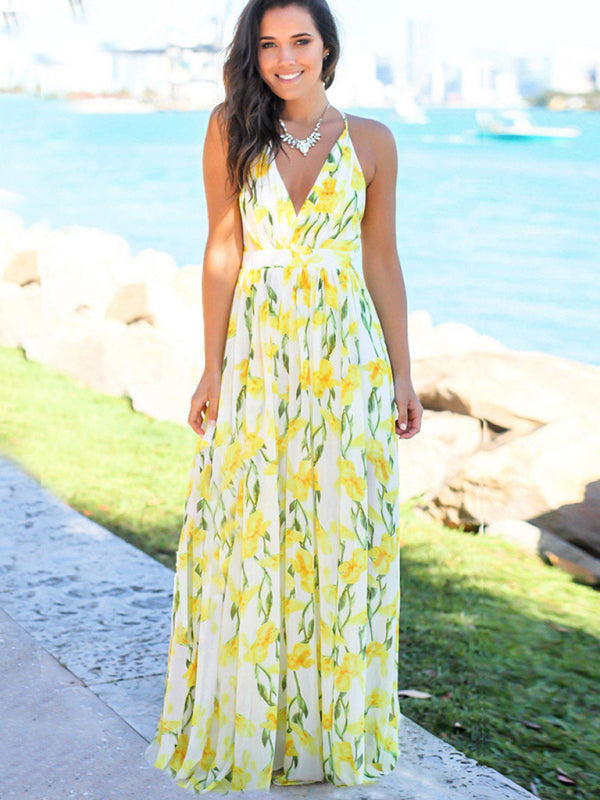 Women's Fashion Colourful Sling Print Beach Vacation Dress | 15 Colours Chartreuse