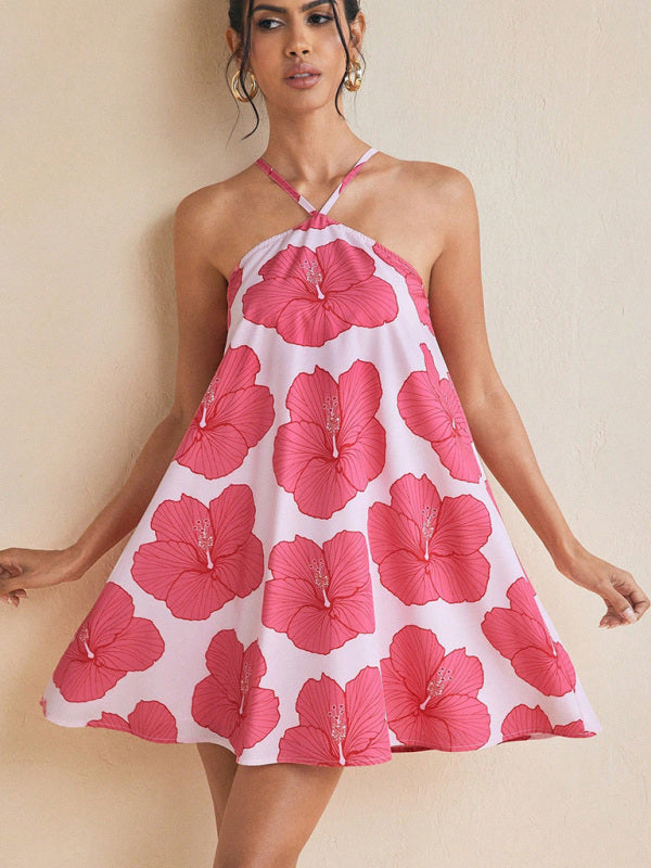 Women's Halterneck Swing Floral Print Short Summer Dress Pink
