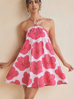 Women's Halterneck Swing Floral Print Short Summer Dress Pink