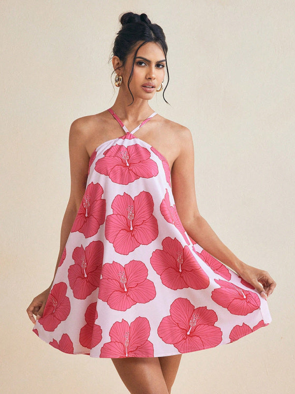 Women's Halterneck Swing Floral Print Short Summer Dress