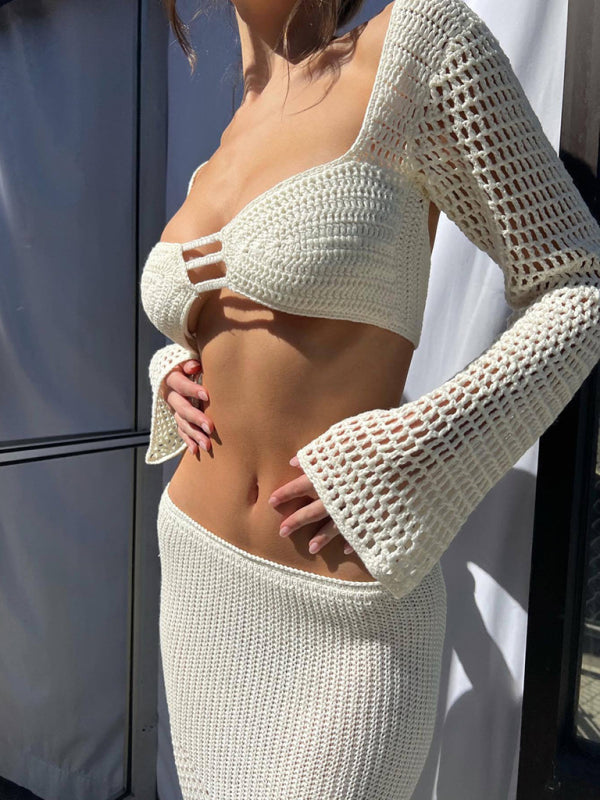 Women's Knitted Long Sleeve Boho Maxi Skirt Co-ord Set