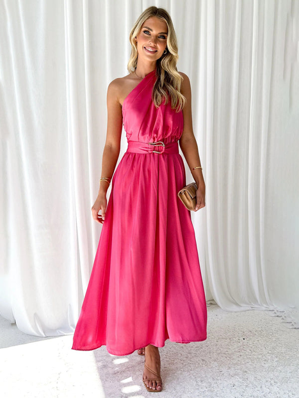 Women's One Shoulder Slim Waist Strapless Backless Belted Dress | 10 Designs Red