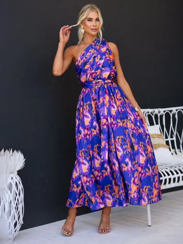 Women's One Shoulder Slim Waist Strapless Backless Belted Dress | 10 Designs Purple
