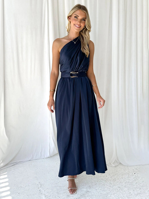 Women's One Shoulder Slim Waist Strapless Backless Belted Dress | 10 Designs