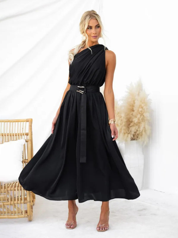 Women's One Shoulder Slim Waist Strapless Backless Belted Dress | 10 Designs