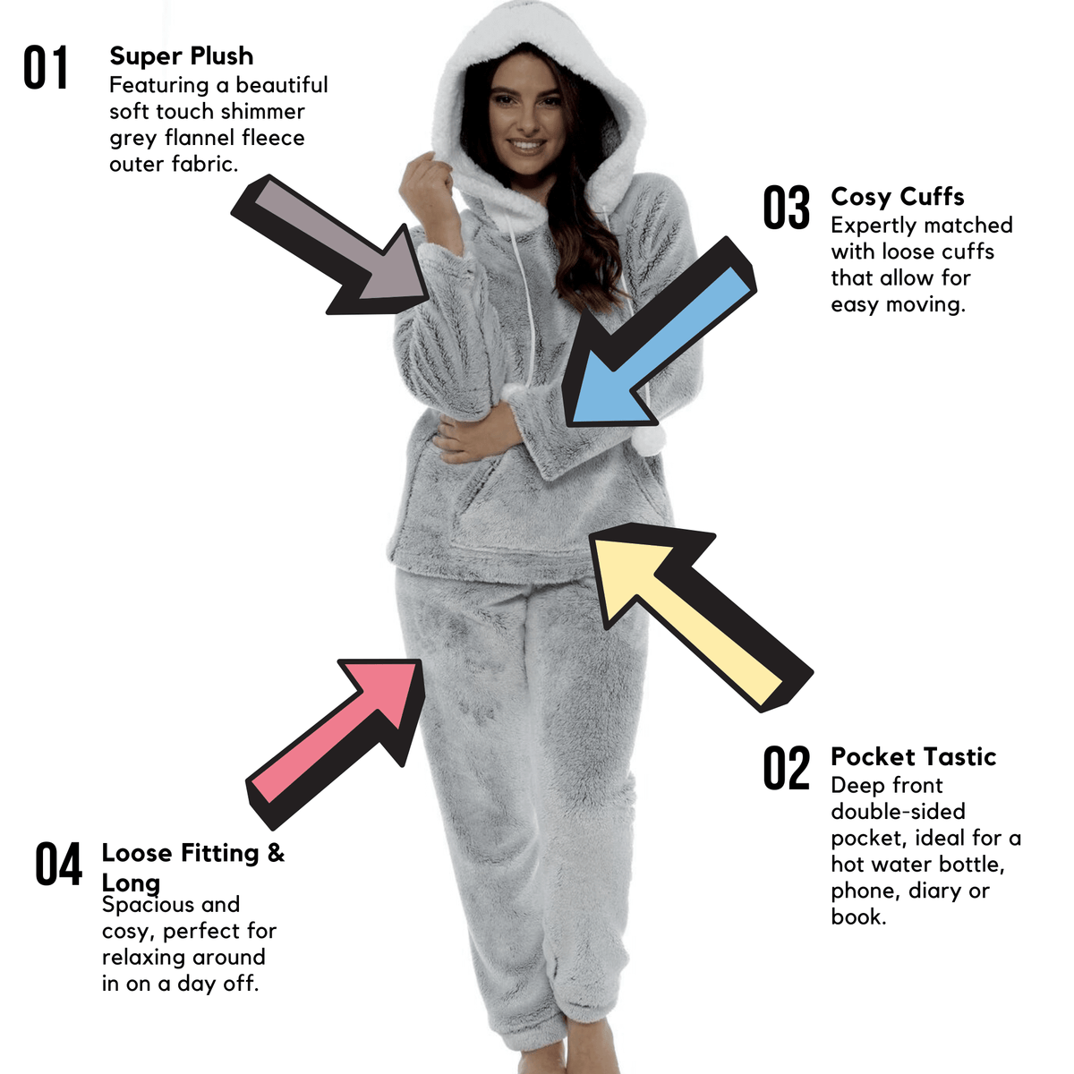 Daisy Dreamer Plush Fleece Hooded Pyjama Set - Shimmer Grey Sherpa Trim