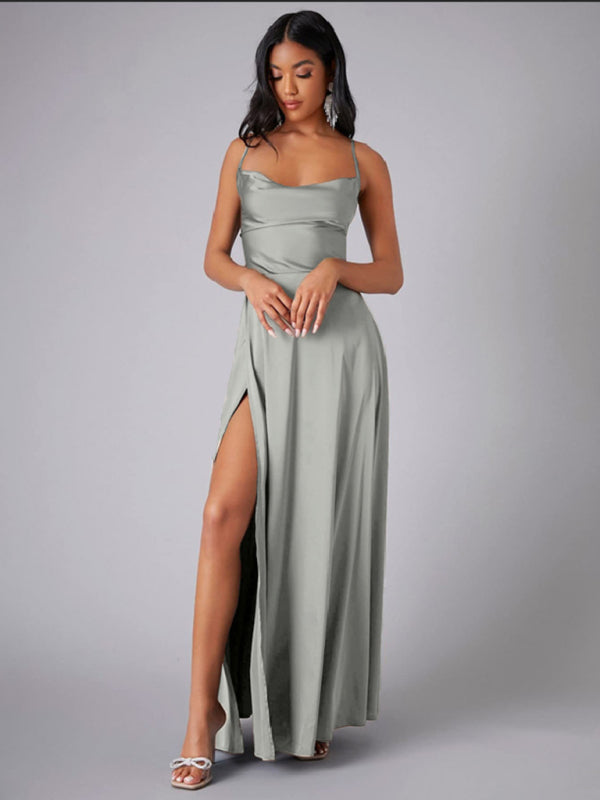 Women's Sexy Slim fit Backless Spaghetti Strap Cowl Neck Dress Grey