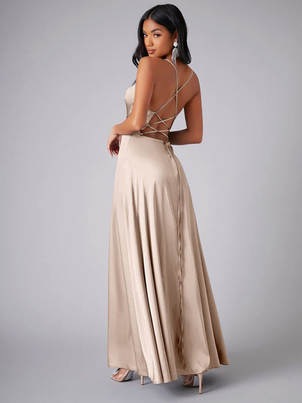 Women's Sexy Slim fit Backless Spaghetti Strap Cowl Neck Dress