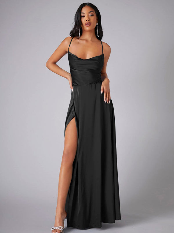 Women's Sexy Slim fit Backless Spaghetti Strap Cowl Neck Dress Black