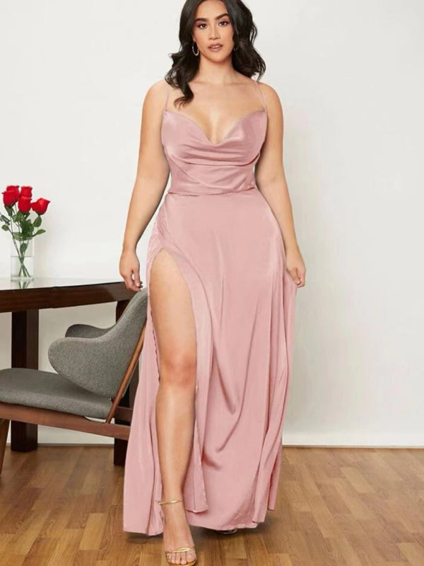 Women's Sexy Slim fit Backless Spaghetti Strap Cowl Neck Dress Pastel pink