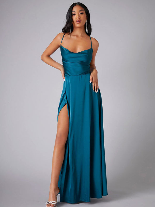 Women's Sexy Slim fit Backless Spaghetti Strap Cowl Neck Dress Acid blue