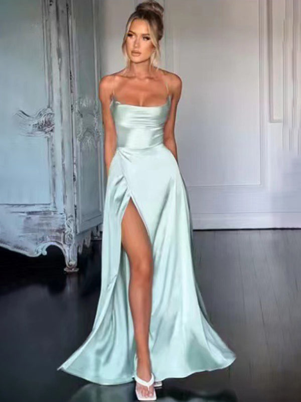 Women's Sexy Slim fit Backless Spaghetti Strap Cowl Neck Dress Fruit green