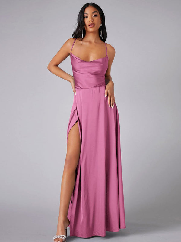 Women's Sexy Slim fit Backless Spaghetti Strap Cowl Neck Dress Pink