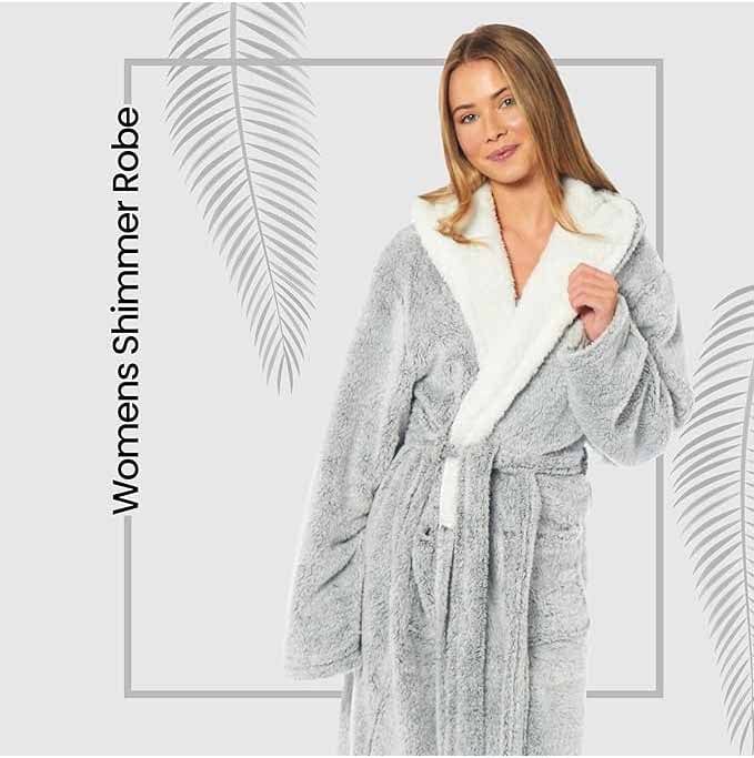 Daisy Dreamer Shimmer Grey Fleece Hooded Robe - Soft Plush Dressing Gown
