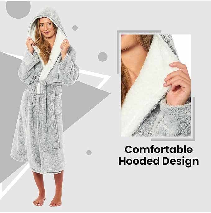 Daisy Dreamer Shimmer Grey Fleece Hooded Robe - Soft Plush Dressing Gown