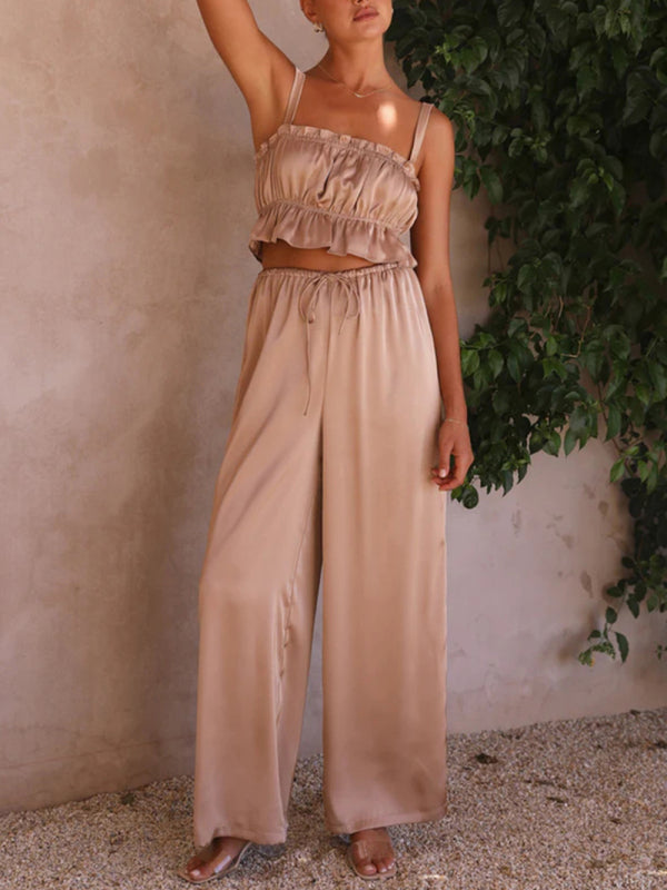 Women's Strap Top Wide-leg Pants Trouser & Top Co-ord Set Khaki