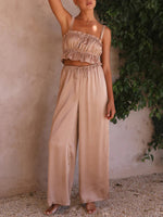 Women's Strap Top Wide-leg Pants Trouser & Top Co-ord Set Khaki