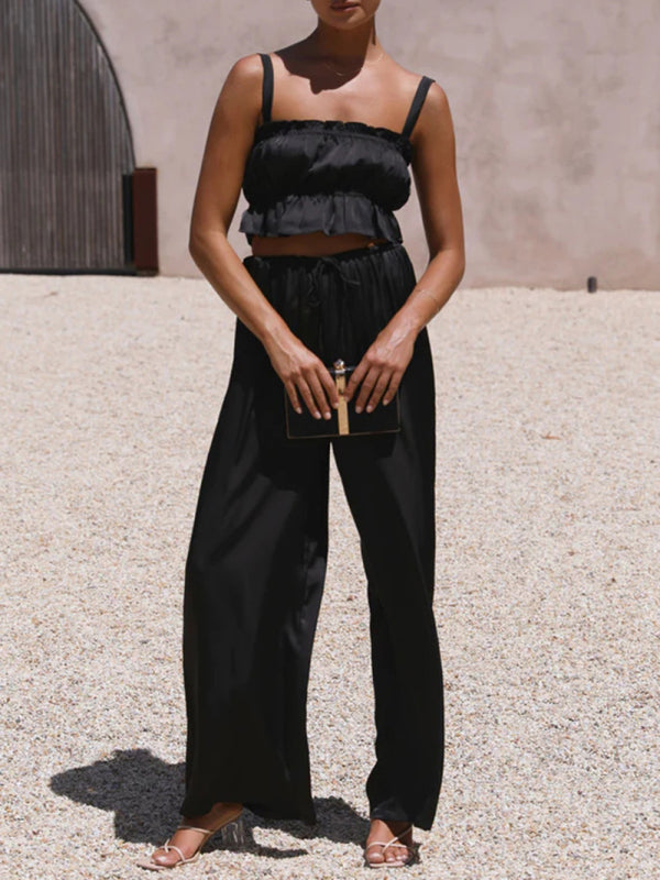 Women's Strap Top Wide-leg Pants Trouser & Top Co-ord Set Black