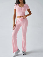 Women's Y2K sports casual style U-neck T-shirt trousers knitted two-piece suit Pink