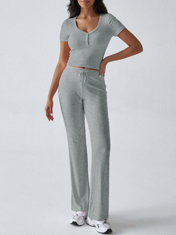 Women's Y2K sports casual style U-neck T-shirt trousers knitted two-piece suit Flecking gray