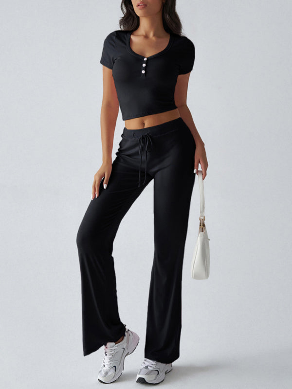 Women's Y2K sports casual style U-neck T-shirt trousers knitted two-piece suit Black